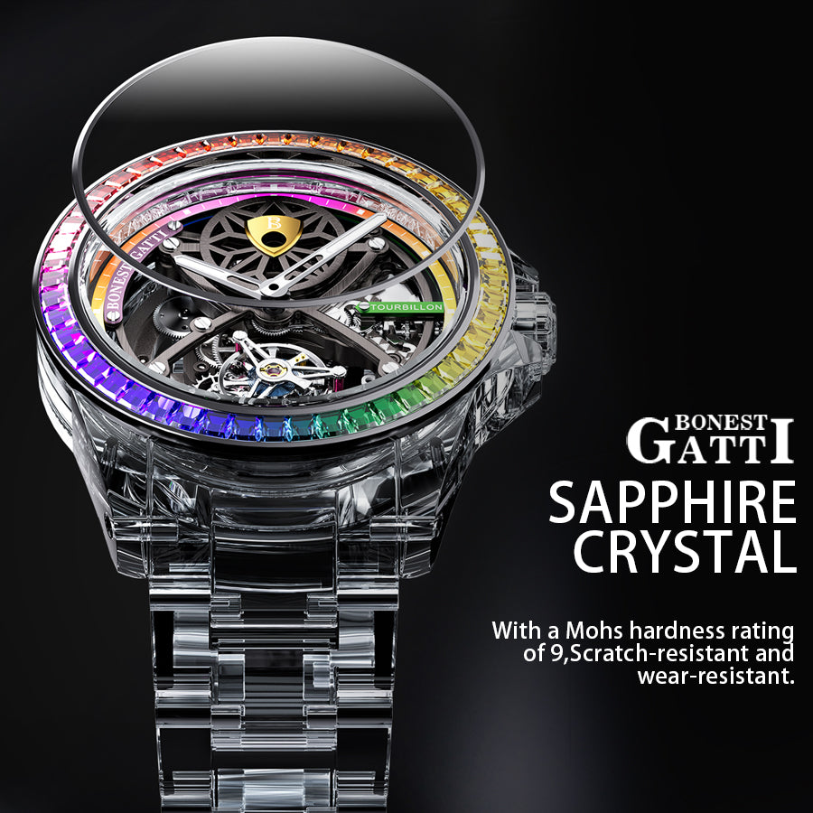 BONEST GATTI Automatic Tourbillon Movement transparent K9 cryatal Case Skeleton Dial Sapphire Crystal Rainbow Bezel K9 CRYATL Bracelet 3ATM Waterproof Luminous BG7002 TIMEMASTER