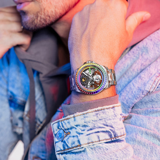 BONEST GATTI Automatic Tourbillon Movement transparent K9 cryatal Case Skeleton Dial Sapphire Crystal Rainbow Bezel K9 CRYATL Bracelet 3ATM Waterproof Luminous BG7002 TIMEMASTER