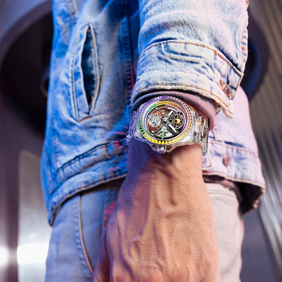 BONEST GATTI Automatic Tourbillon Movement transparent K9 cryatal Case Skeleton Dial Sapphire Crystal Rainbow Bezel K9 CRYATL Bracelet 3ATM Waterproof Luminous BG7002 TIMEMASTER