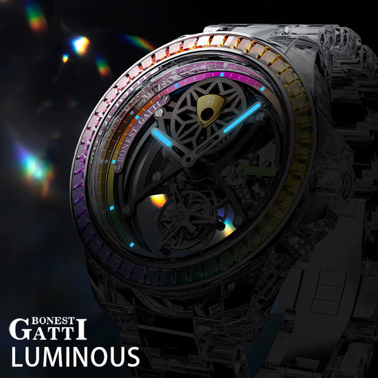 BONEST GATTI Automatic Tourbillon Movement transparent K9 cryatal Case Skeleton Dial Sapphire Crystal Rainbow Bezel K9 CRYATL Bracelet 3ATM Waterproof Luminous BG7002 TIMEMASTER