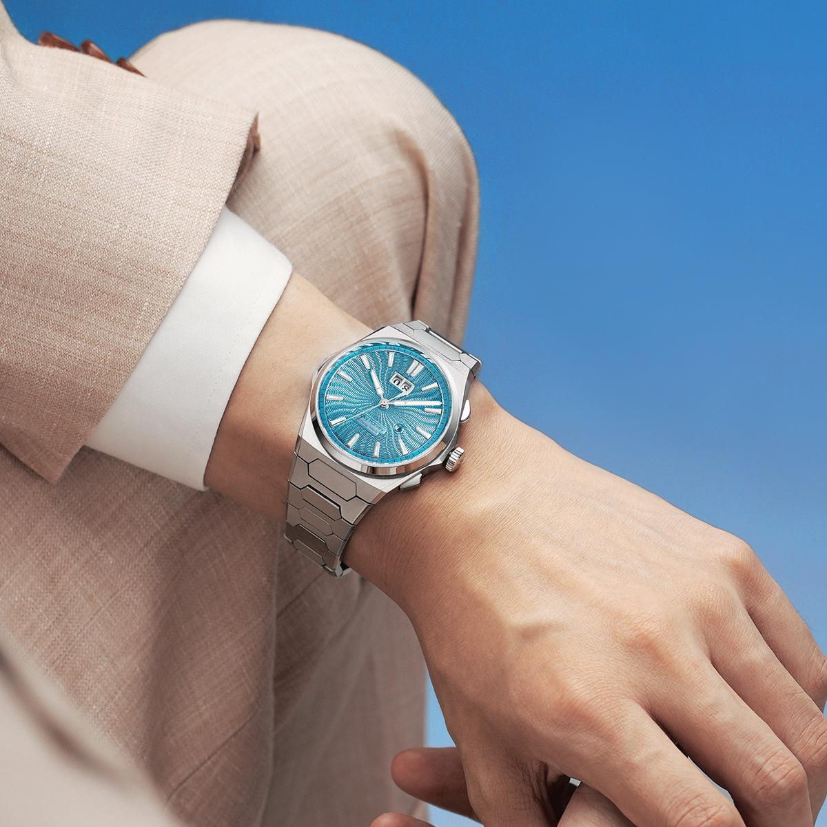 【Limited Edition 300PCS】Sound Of Nature Guilloché Ice Blue Dial Big Date Chiming Automatic Watch Lucky Harvey