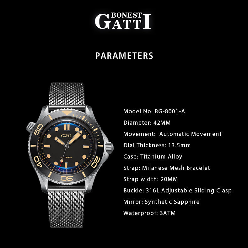 BONEST GATTI Automatic Movement Round Shaped Titanium Alloy Case Sapphire Crystal Nylon Strap Milanese Mesh Bracelet 3ATM Waterproof Luminous BG8001 TIMEMASTER
