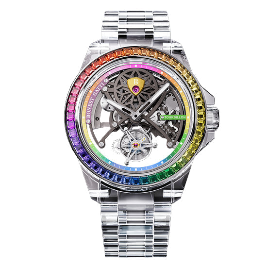 BONEST GATTI Automatic Tourbillon Movement transparent K9 cryatal Case Skeleton Dial Sapphire Crystal Rainbow Bezel K9 CRYATL Bracelet 3ATM Waterproof Luminous BG7002 TIMEMASTER