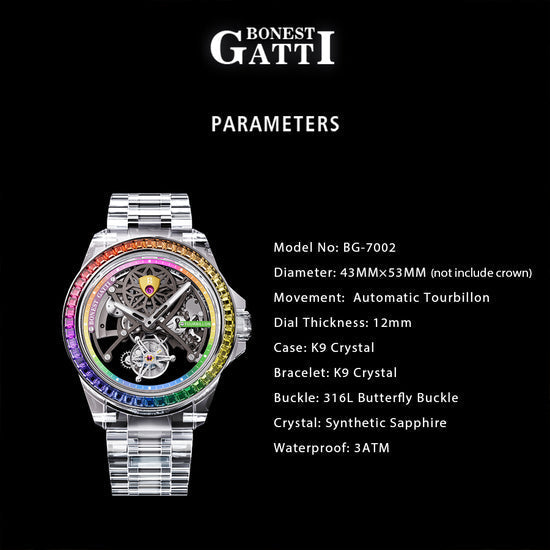 BONEST GATTI Automatic Tourbillon Movement transparent K9 cryatal Case Skeleton Dial Sapphire Crystal Rainbow Bezel K9 CRYATL Bracelet 3ATM Waterproof Luminous BG7002 TIMEMASTER
