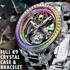 BONEST GATTI Automatic Tourbillon Movement transparent K9 cryatal Case Skeleton Dial Sapphire Crystal Rainbow Bezel K9 CRYATL Bracelet 3ATM Waterproof Luminous BG7002 TIMEMASTER