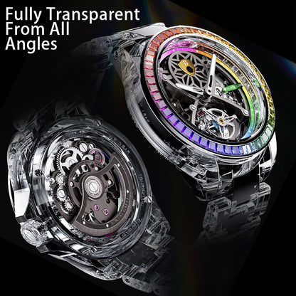 BONEST GATTI Automatic Tourbillon Movement transparent K9 cryatal Case Skeleton Dial Sapphire Crystal Rainbow Bezel K9 CRYATL Bracelet 3ATM Waterproof Luminous BG7002 TIMEMASTER