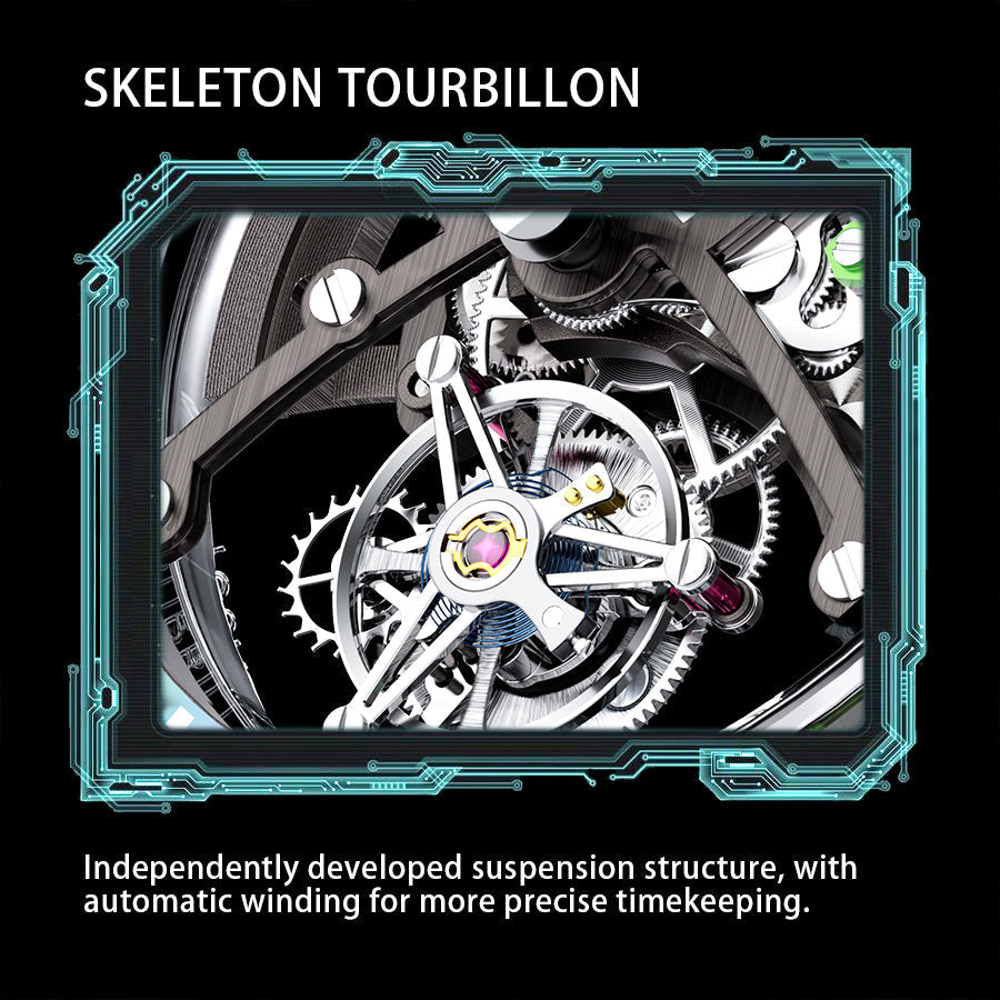 BONEST GATTI Automatic Tourbillon Movement transparent K9 cryatal Case Skeleton Dial Sapphire Crystal Rainbow Bezel K9 CRYATL Bracelet 3ATM Waterproof Luminous BG7002 TIMEMASTER