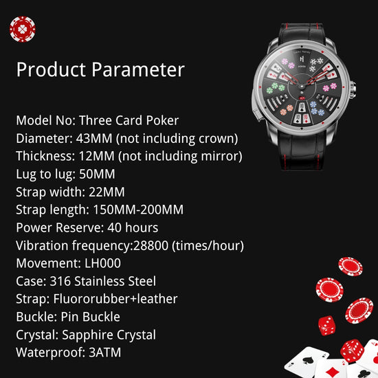 Player Series Silver Three Card Poker Automatic Watch Lucky Harvey TIMEMASTER