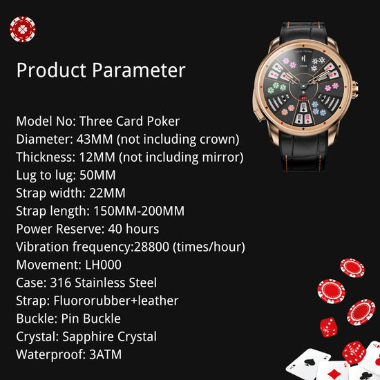 Player Series Gold Three Card Poker Automatic Watch Lucky Harvey TIMEMASTER