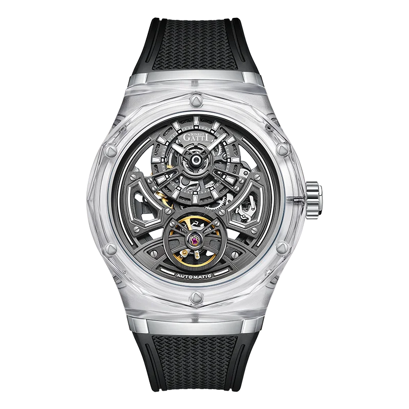 BONEST GATTI 5ATM Waterproof Crystal Glass Case Mechanical Watches Luxury Skeleton Men Automatic Watch BG5807