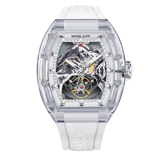 BONEST GATTI Crystal Case 3D MOUNTAIN MOUNTEVEREST Tonneau shaped Skeleton Movement K9 Crystal Case Fluororubber Strap Watch Luminous GB6001 TIMEMASTER