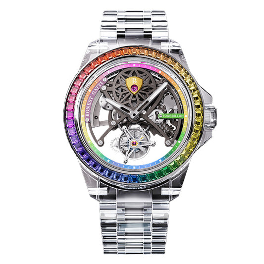 BONEST GATTI Automatic Tourbillon Movement transparent K9 cryatal Case Skeleton Dial Sapphire Crystal Rainbow Bezel K9 CRYATL Bracelet 3ATM Waterproof Luminous BG7002 TIMEMASTER