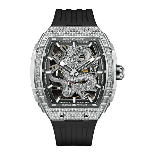 BONEST GATTI Dragon Watch Business Sport Barrel Shape 316l Stainless Steel Case Hollow Out Mechanical Watches BG5605