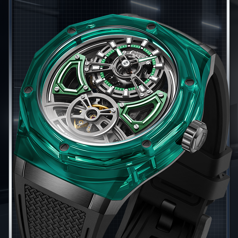 BONEST GATTI 5ATM Waterproof Crystal Glass Case Mechanical Watches Luxury Skeleton Men Automatic Watch BG5807
